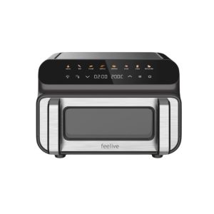 Feelive 10L air fryer with pizza and grill functions, 2000W power, LED display, 8 preset cooking modes, dishwasher-safe parts, dual handles, overheat protection, and large viewing window.