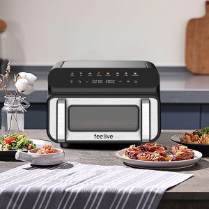 Feelive 10L air fryer with pizza and grill functions, 2000W power, LED display, 8 preset cooking modes, dishwasher-safe parts, dual handles, overheat protection, and large viewing window.