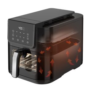 Feelive 5L air fryer with grill option, touch control panel, large viewing window, and rectangular design – versatile and convenient for everyday cooking.