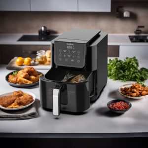 Feelive 5L air fryer with grill option, touch control panel, large viewing window, and rectangular design – versatile and convenient for everyday cooking.