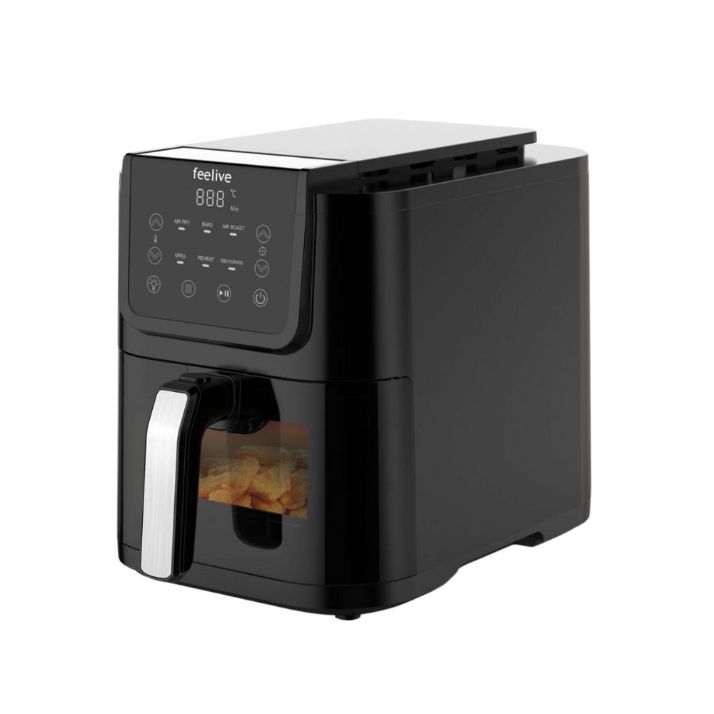 Feelive 5L air fryer with grill option, touch control panel, large viewing window, and rectangular design – versatile and convenient for everyday cooking.