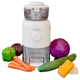 Feelive Vegetable Cutter with 1.8L capacity, 3 interchangeable blade attachments, dust cover, and easy-clean design – ideal for quick food prep.