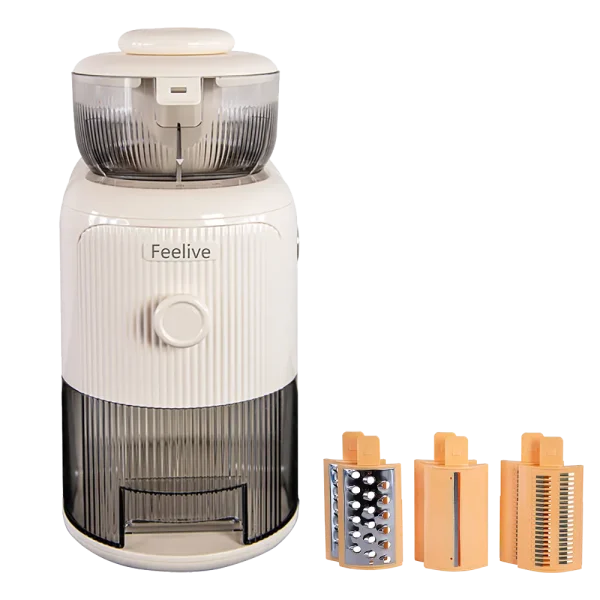 Feelive Vegetable Cutter with 1.8L capacity, 3 interchangeable blade attachments, dust cover, and easy-clean design – ideal for quick food prep.